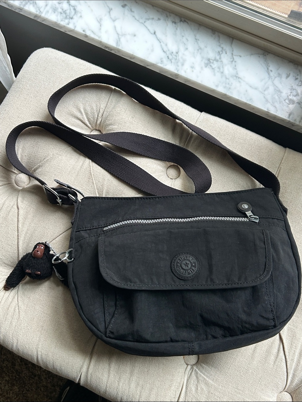Kipling Black Nylon Messenger Crossbody with Monkey Charm